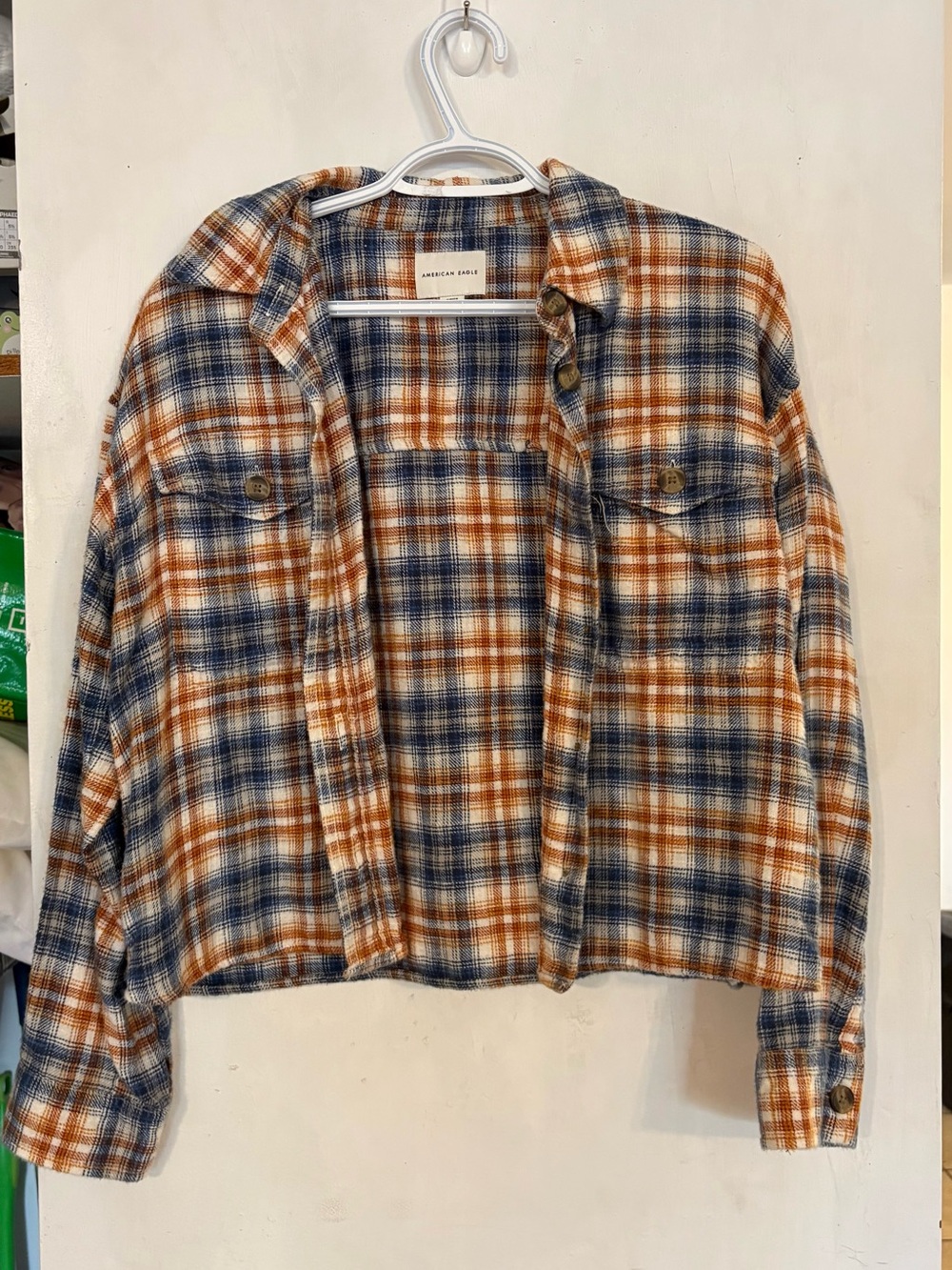 American Eagle Outfitters Blue and Burnt Orange Cropped Plaid Button-Up Shirt